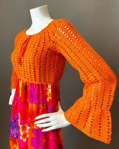 Mod Orange Patchwork Crochet Maxi Dress
