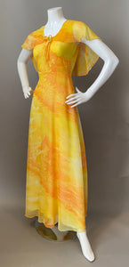 1970s Ocean Orange Chiffon Cocktail Maxi Gown