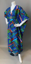 Load image into Gallery viewer, O'pell Mod Ocean Blue Hawaiian Barkcloth Caftan with Matching Mask