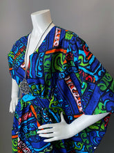 Load image into Gallery viewer, O'pell Mod Ocean Blue Hawaiian Barkcloth Caftan with Matching Mask