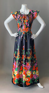 Vintage Poppies On Black Print Maxi Dress