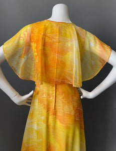 1970s Ocean Orange Chiffon Cocktail Maxi Gown
