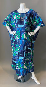 O'pell Hawaiian Tiki Mod Aqua Print Tunic Caftan