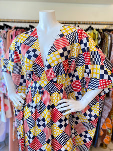 Checkerboard Patchwork O’pell Caftan Red/Navy/Gold